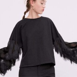 Zara Trafaluc Black Fringe Sleeve Top - Size S (A053)